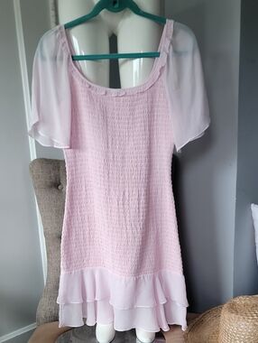 BCBGeneration Light Pink Smocked Sheer Ruffle Evening Dress